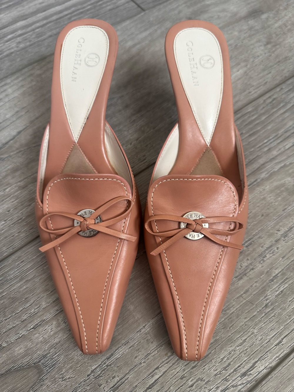Cole Haan Peach Leather Slip-On Mules heels with Bow Detail size 6 - Picture 1 of 5